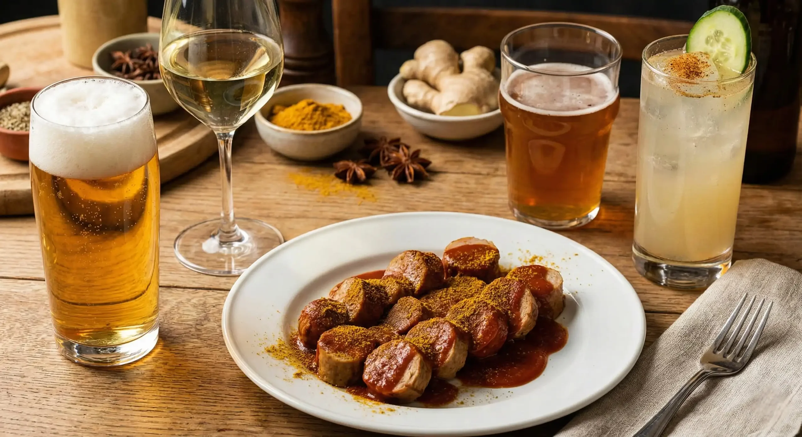 Ein Teller mit aufgeschnittener Currywurst und Sauce auf einem rustikalen Holztisch, umgeben von verschiedenen passenden Getränken: ein Glas Pils, ein Glas Weißwein, ein Craft Beer und ein Cocktail mit Gurkengarnitur.