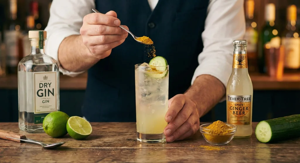 Zubereitung des "Spicy Ginger Butcher" Cocktails: Ein Barkeeper streut mit einem Löffel Currypulver über einen Drink im Highball-Glas, umgeben von Gin, Ingwerbier und Limetten.