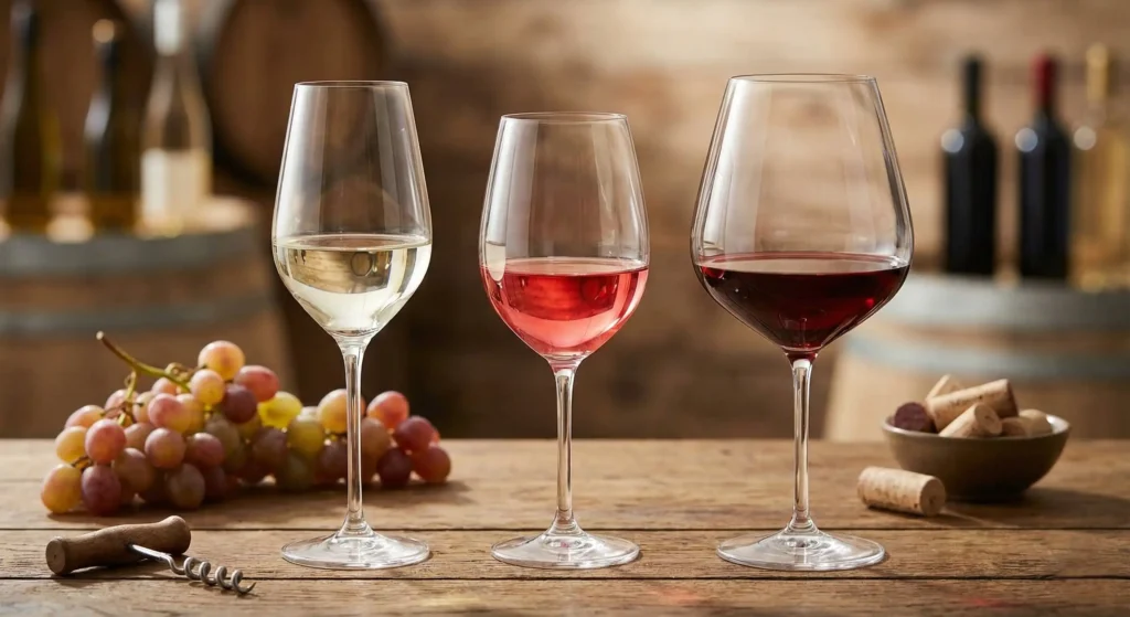 Drei Weingläser mit unterschiedlichen Weinen, die zur Currywurst passen: Ein Glas Weißwein (Riesling), ein Glas Rosé und ein Glas Rotwein, arrangiert mit Weintrauben und Korken vor einem Weinkeller-Hintergrund.